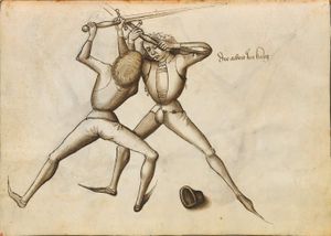 Figure 1: "War Work" from Hans Talhoffer, Wurtemburg Ms. (1467). The "war" (Krieg) phase in German swordsmanship was analogous to the crossing at the mezza spada in the Italian tradition.