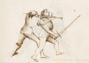 Figure 7: An elbow push from the crossing of Zogho Stretto. Although the Player is still turned about, he is in virtual, body-to-body contact with the Scholar.