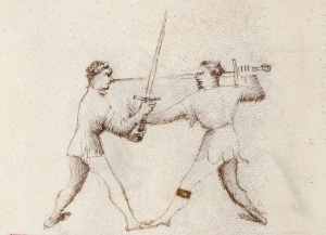 Figure 5: Grabbing the sword in Zogho Stretto. From the cross at mezza spada, the Scholar passes in, gripping the Player’s wrist, trapping his weapon and threatening with a thrust.
